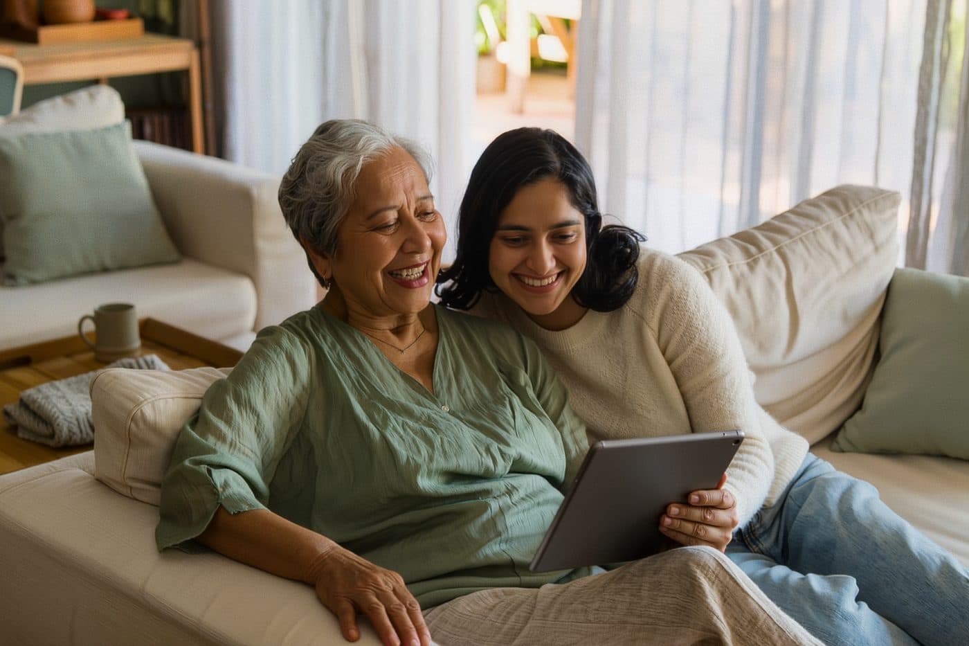 Abuela e hija riendo juntas mientras miran una tablet en casa